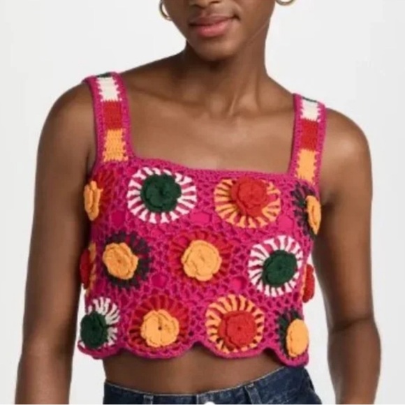 FARM Rio Tops - FARM Rio Multicolor Crochet Floral Top